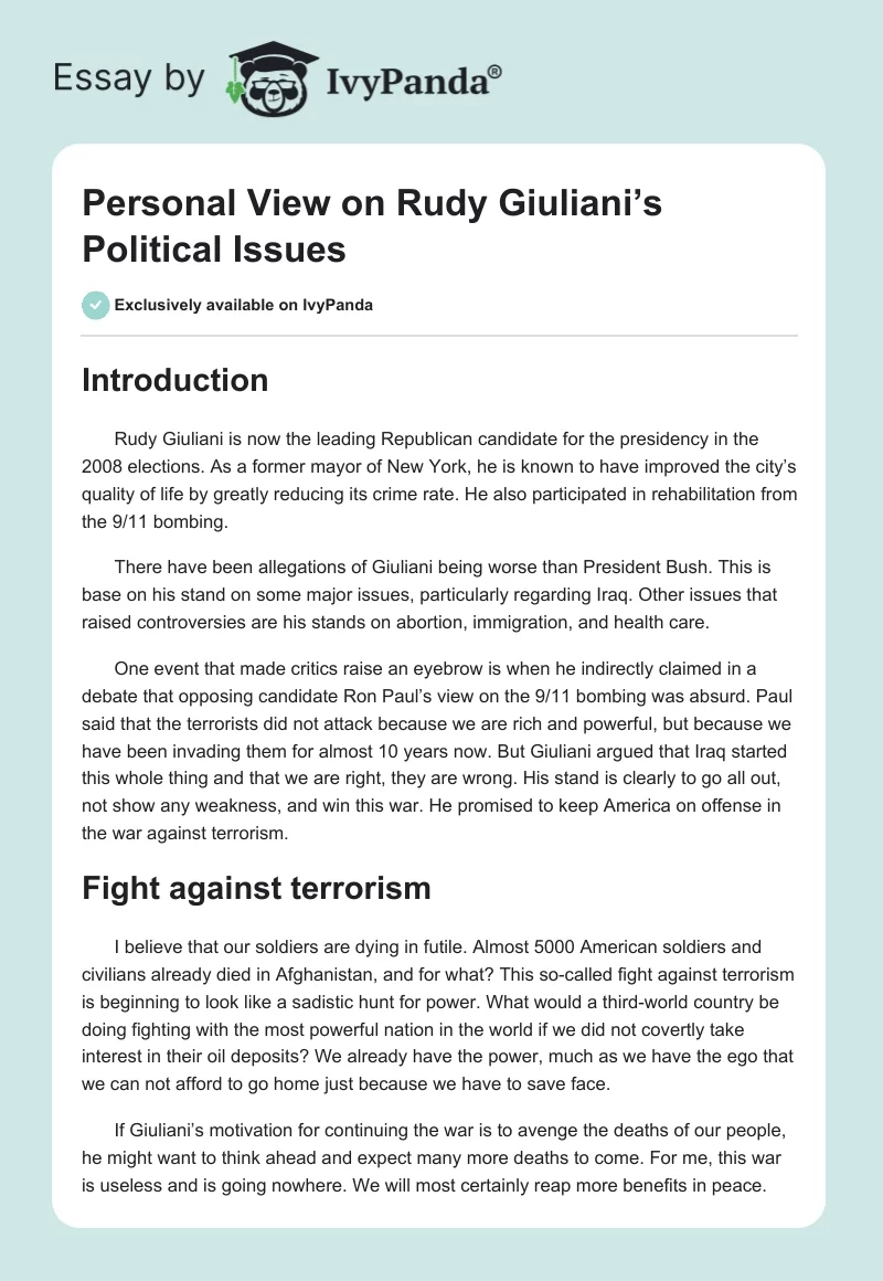 Personal View on Rudy Giuliani’s Political Issues. Page 1