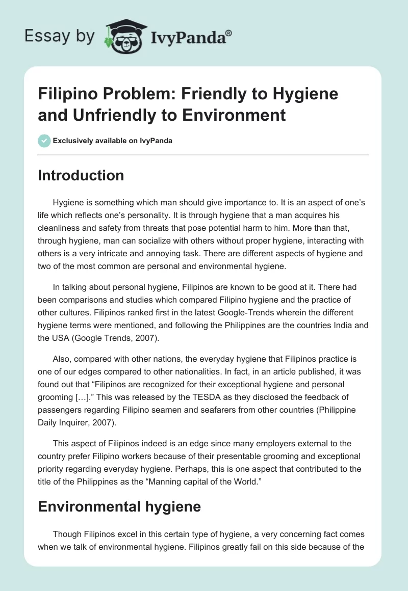 Filipino Problem: Friendly to Hygiene and Unfriendly to Environment. Page 1