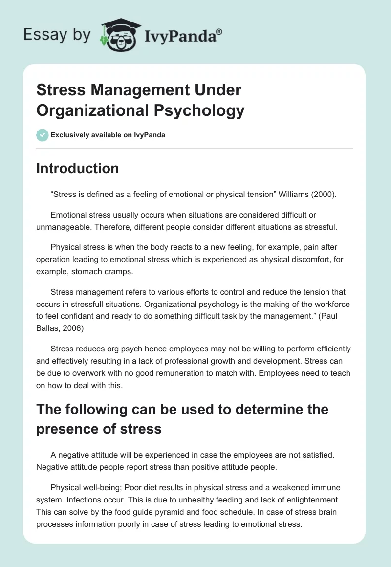Stress Management Under Organizational Psychology. Page 1