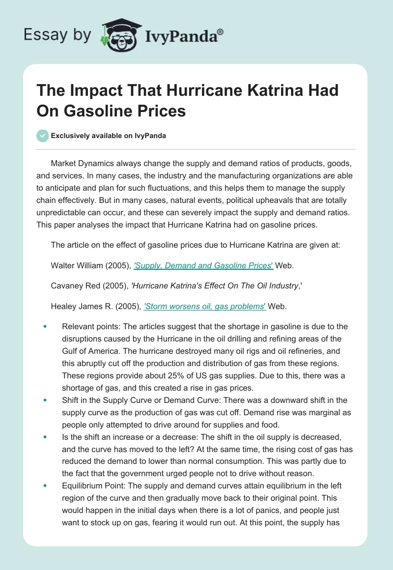 The Impact That Hurricane Katrina Had On Gasoline Prices. Page 1