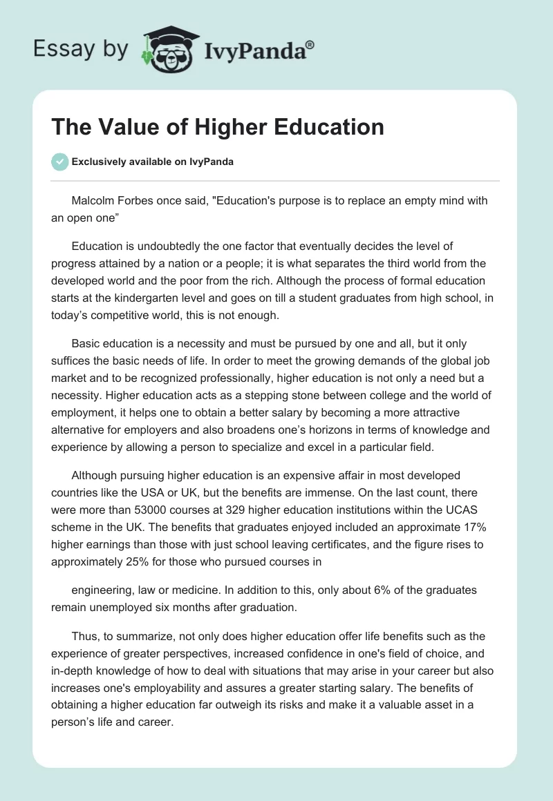 The Value of Higher Education. Page 1