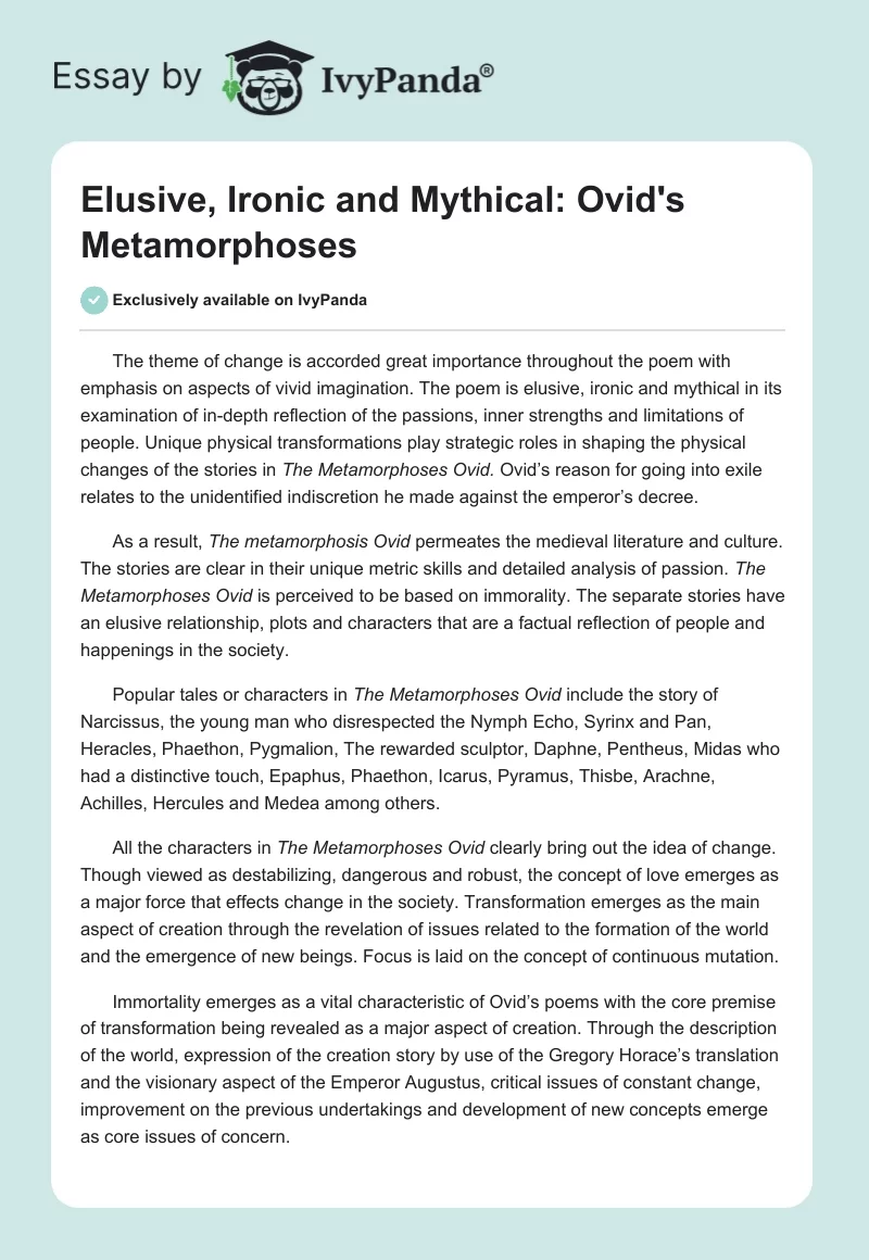 Elusive, Ironic and Mythical: Ovid's "Metamorphoses". Page 1