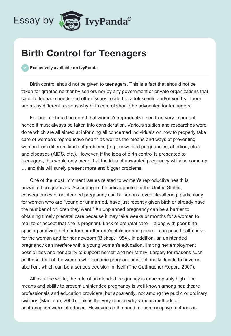Birth Control for Teenagers. Page 1
