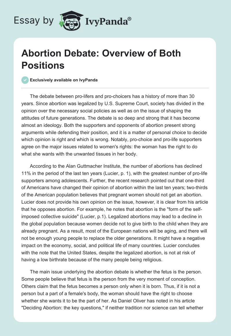 Abortion Debate: Overview of Both Positions. Page 1