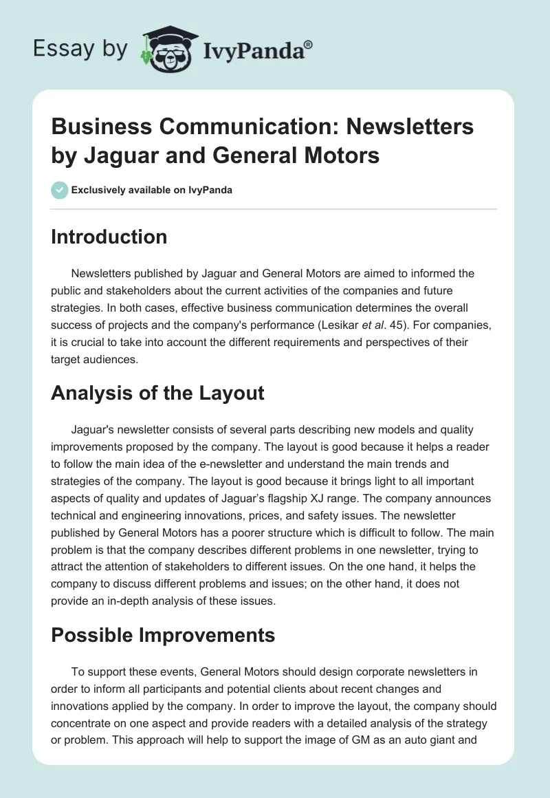 Business Communication: Newsletters by Jaguar and General Motors. Page 1