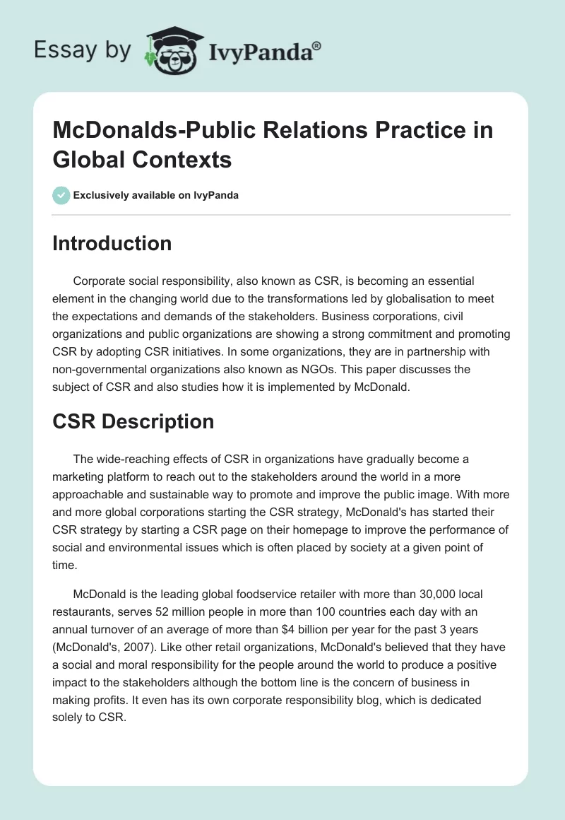 McDonalds-Public Relations Practice in Global Contexts. Page 1
