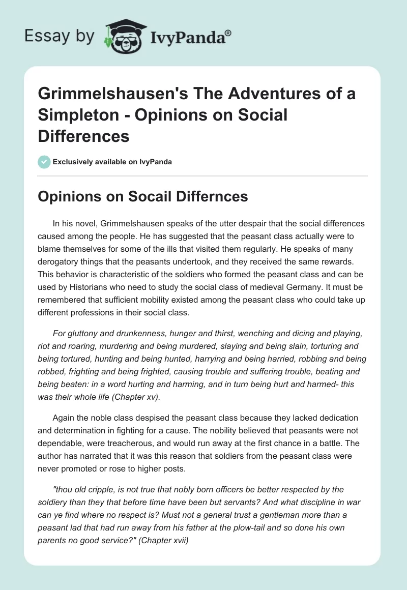 Grimmelshausen's "The Adventures of a Simpleton" - Opinions on Social Differences. Page 1