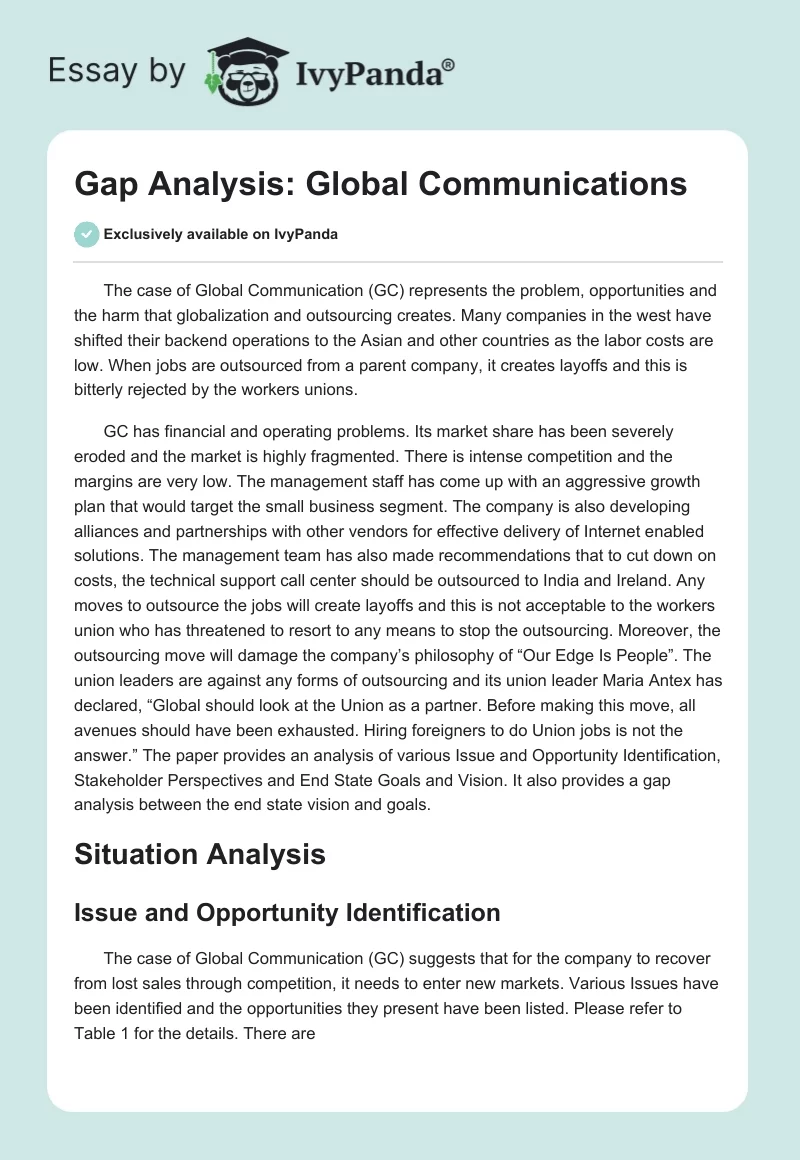 Gap Analysis: Global Communications. Page 1