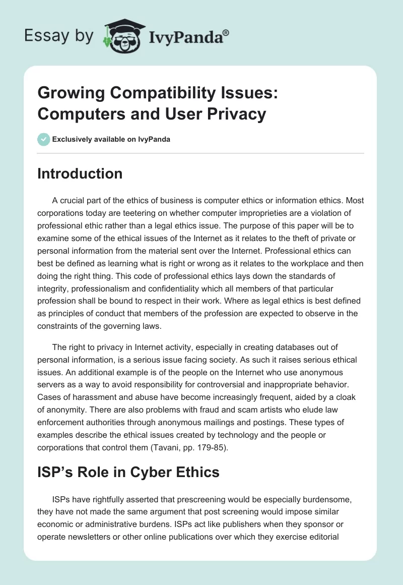 Growing Compatibility Issues: Computers and User Privacy. Page 1