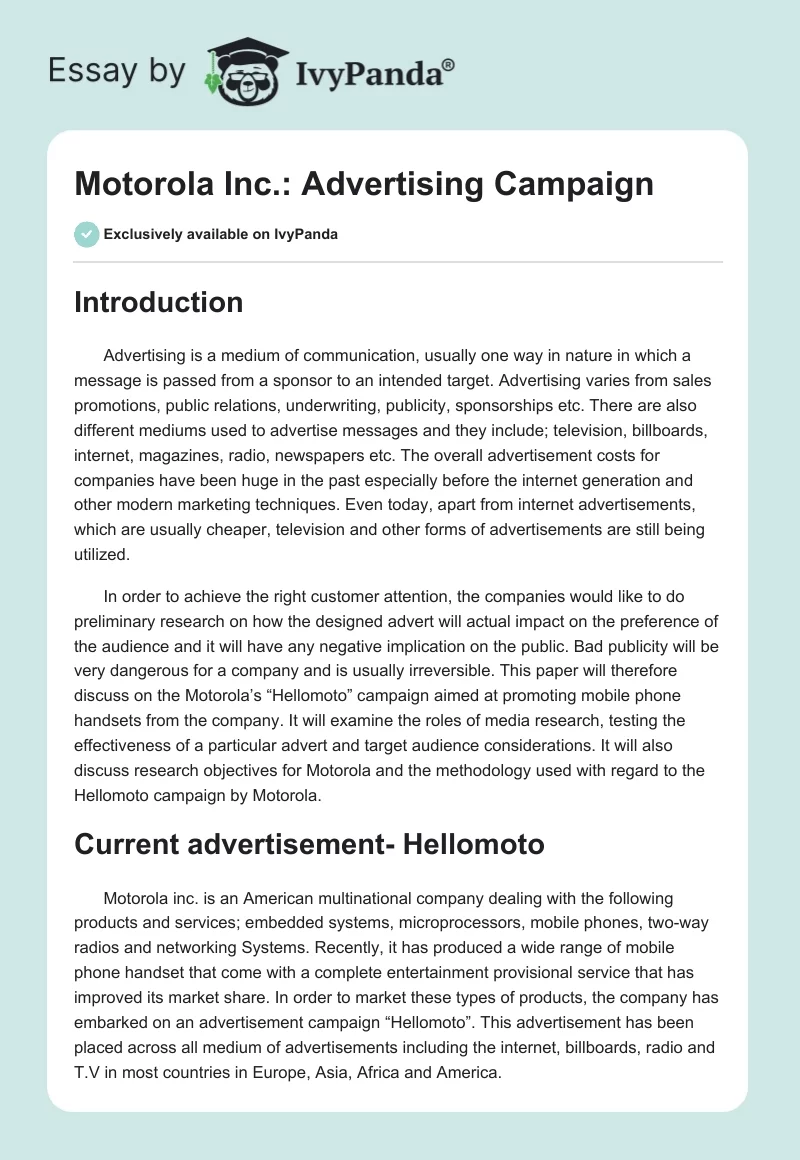 Motorola Inc.: Advertising Campaign. Page 1