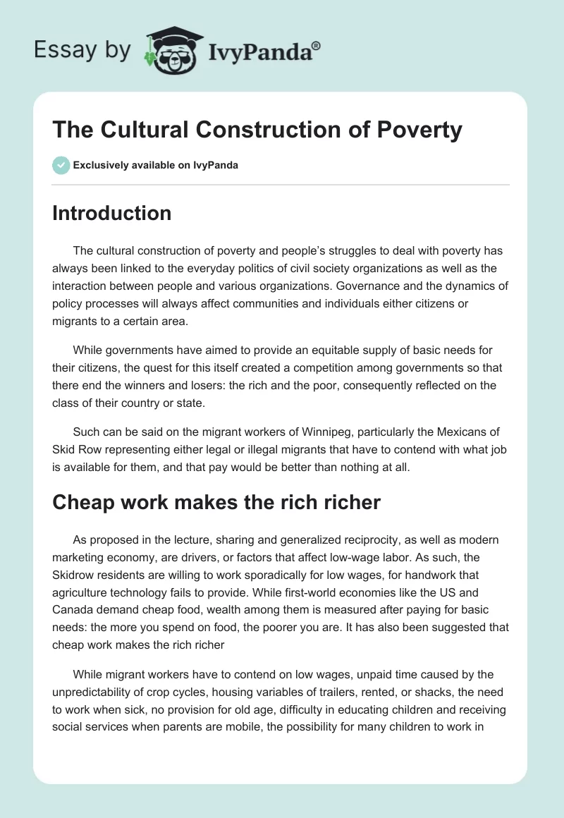 The Cultural Construction of Poverty. Page 1