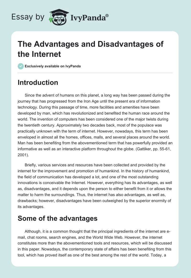 The Advantages and Disadvantages of the Internet. Page 1