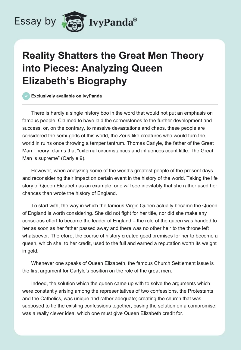 Reality Shatters the Great Men Theory into Pieces: Analyzing Queen Elizabeth’s Biography. Page 1