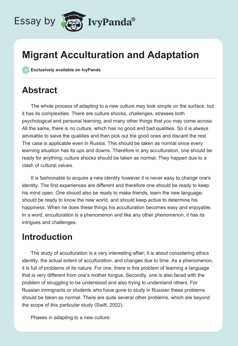 Migrant Acculturation and Adaptation. Page 1