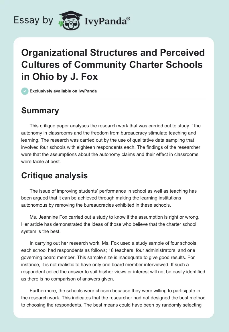 "Organizational Structures and Perceived Cultures of Community Charter Schools in Ohio" by J. Fox. Page 1