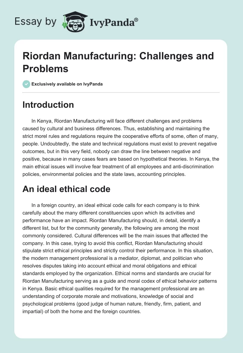 Riordan Manufacturing: Challenges and Problems. Page 1