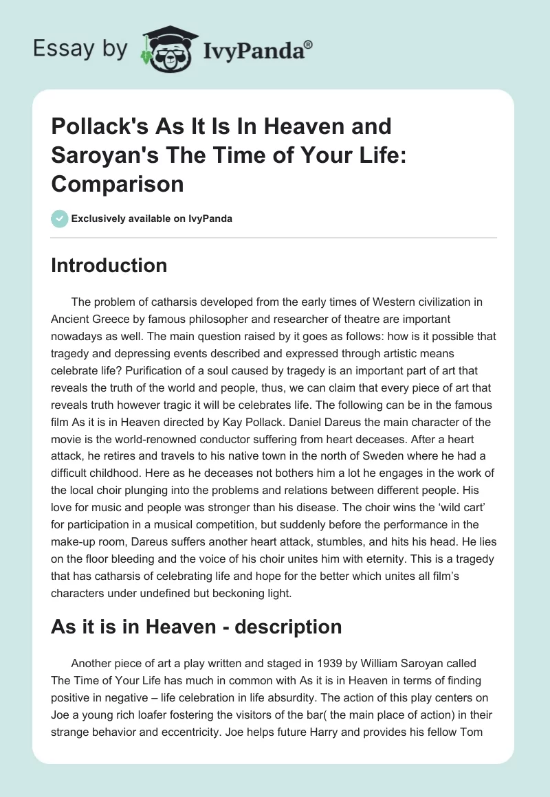 Pollack's "As It Is In Heaven" and Saroyan's "The Time of Your Life": Comparison. Page 1
