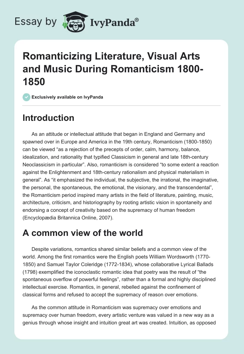 Romanticizing Literature, Visual Arts and Music During Romanticism 1800-1850. Page 1