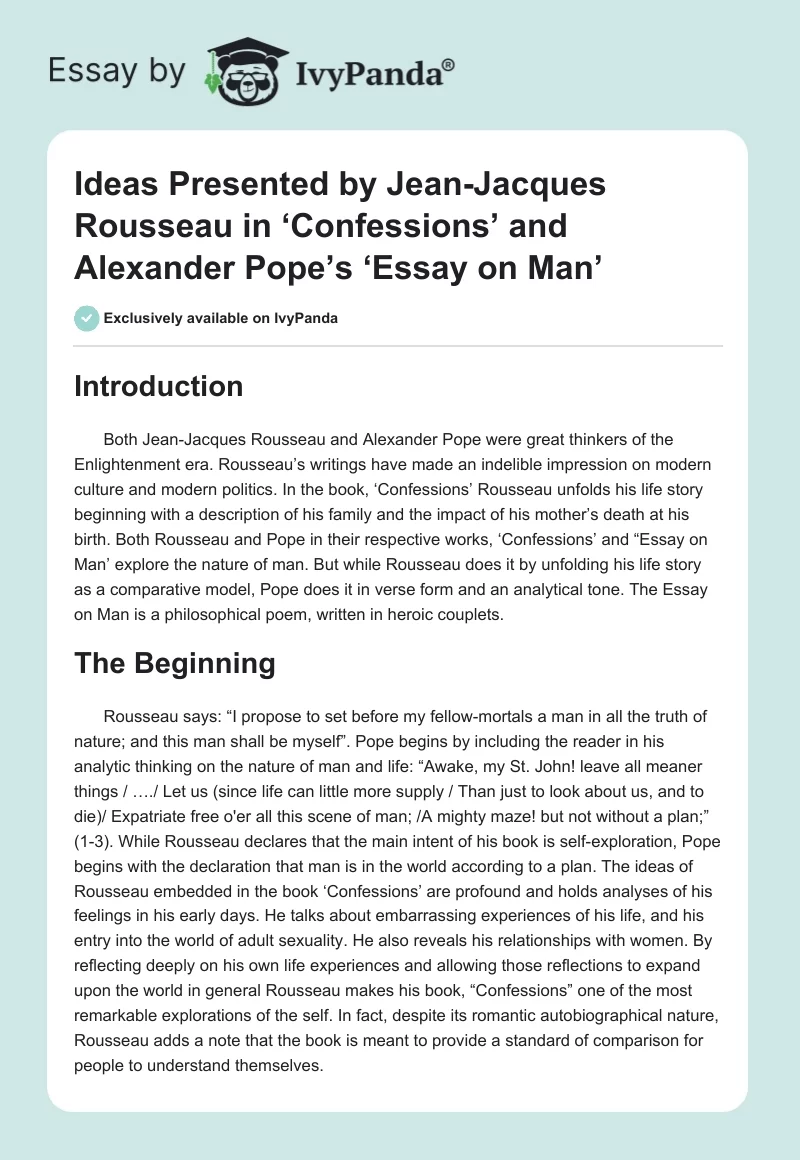 Ideas Presented by Jean-Jacques Rousseau in ‘Confessions’ and Alexander Pope’s ‘Essay on Man’. Page 1