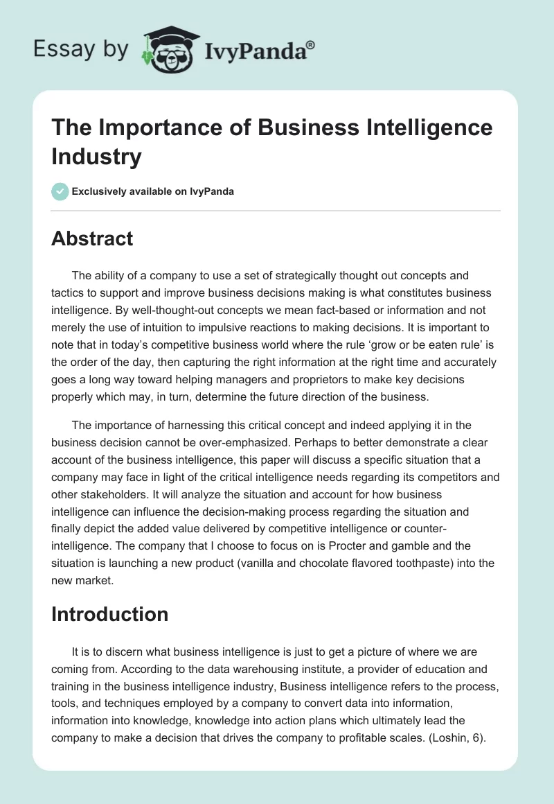 The Importance of Business Intelligence Industry. Page 1