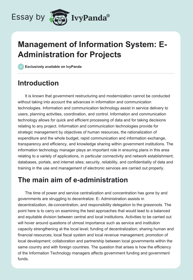 Management of Information System: E-Administration for Projects. Page 1