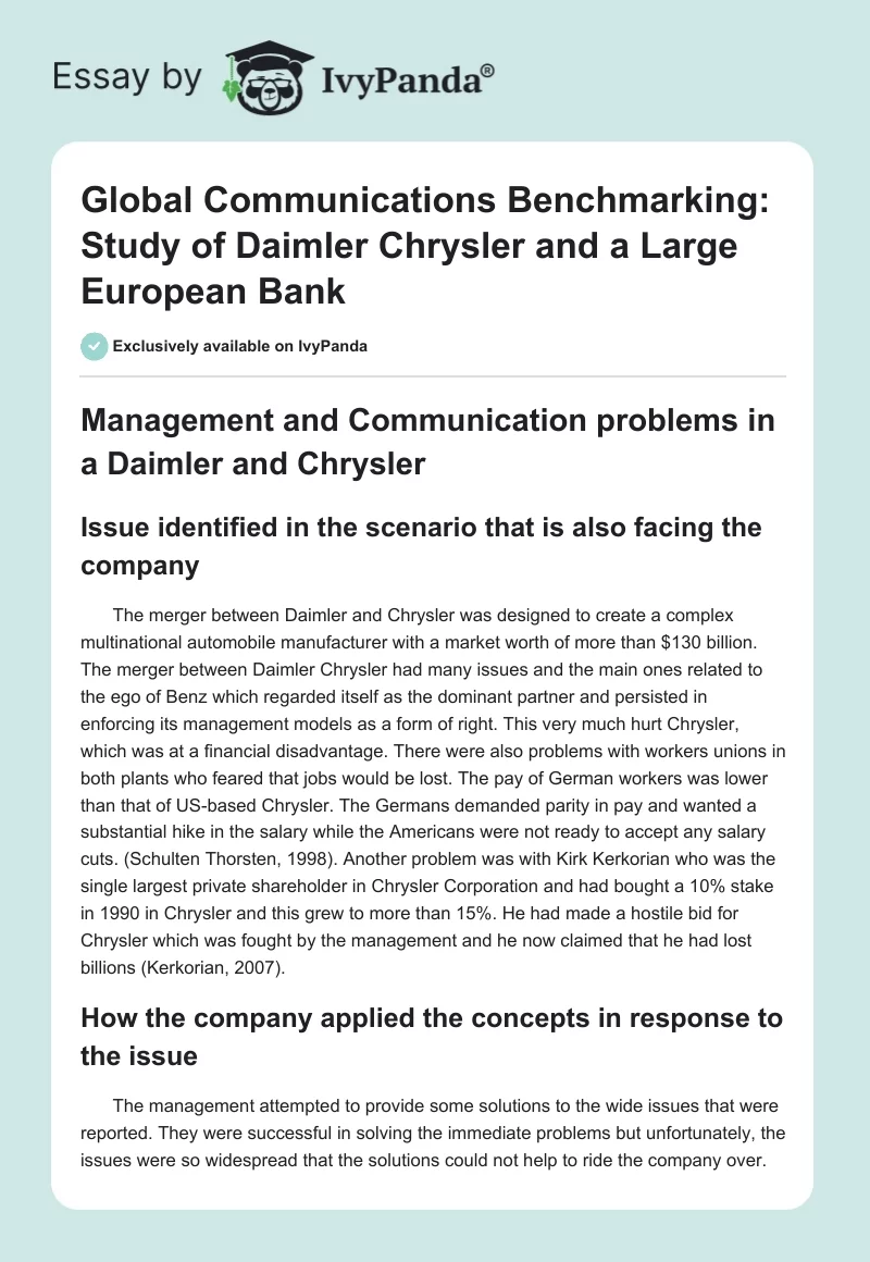 Global Communications Benchmarking: Study of Daimler Chrysler and a Large European Bank. Page 1
