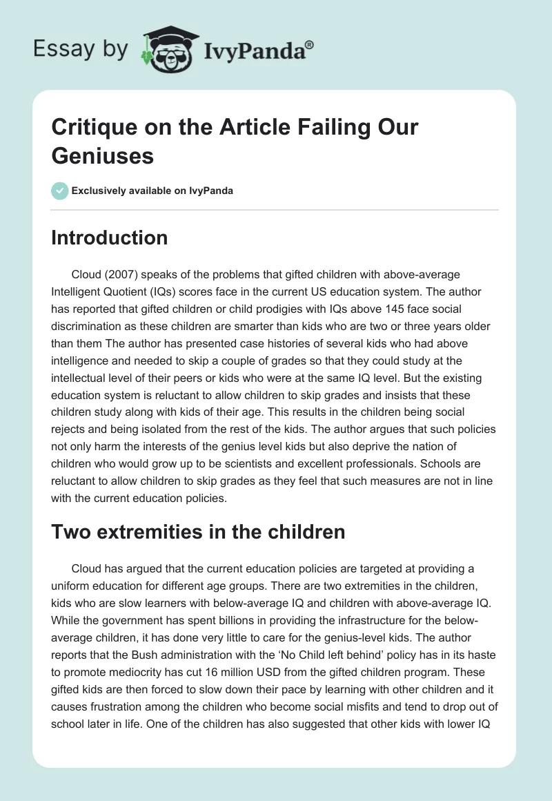 Critique on the Article Failing Our Geniuses. Page 1