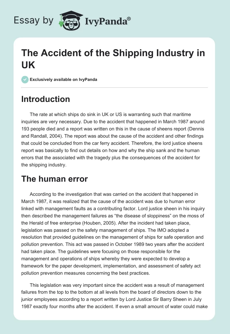 The Accident of the Shipping Industry in UK. Page 1