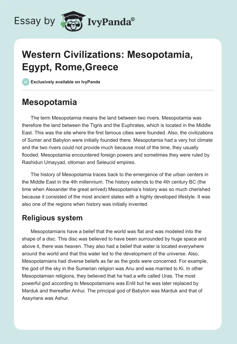 Western Civilizations: Mesopotamia, Egypt, Rome,Greece. Page 1
