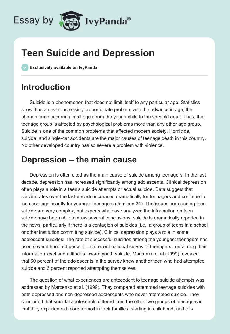 Teen Suicide and Depression. Page 1