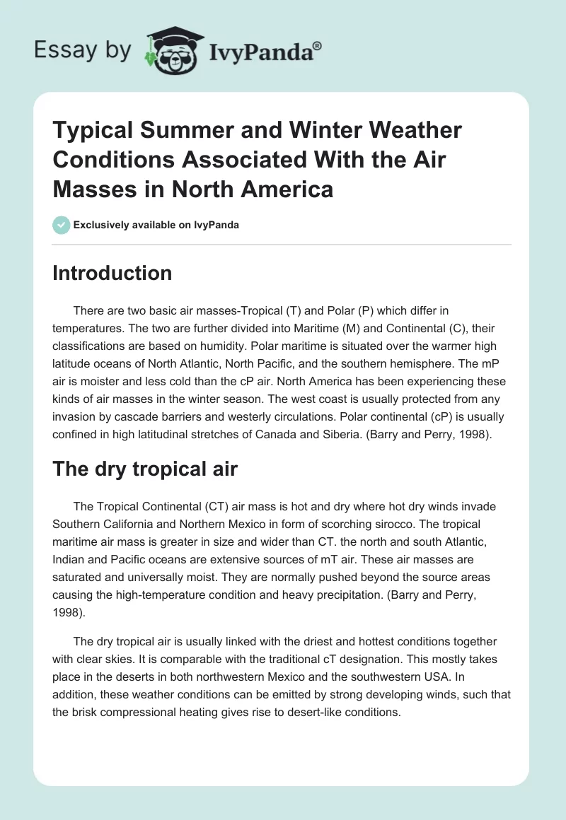 Typical Summer and Winter Weather Conditions Associated With the Air Masses in North America. Page 1
