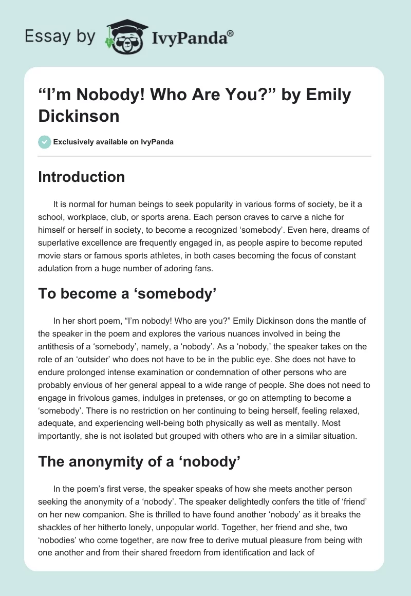 “I’m Nobody! Who Are You?” by Emily Dickinson. Page 1