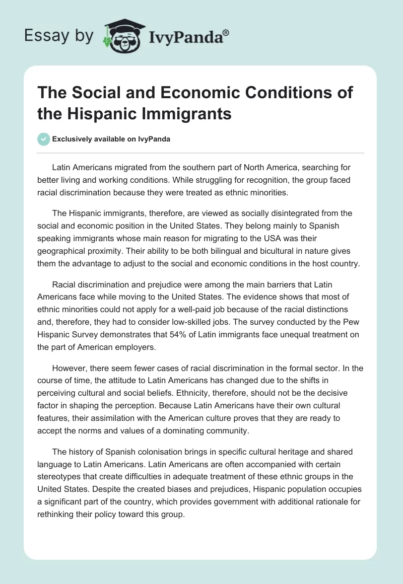The Social and Economic Conditions of the Hispanic Immigrants. Page 1