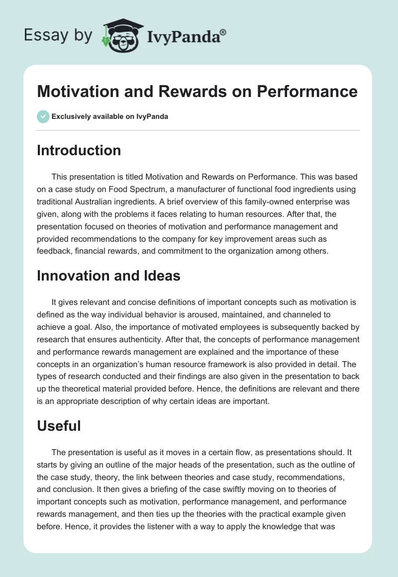 Motivation and Rewards on Performance. Page 1