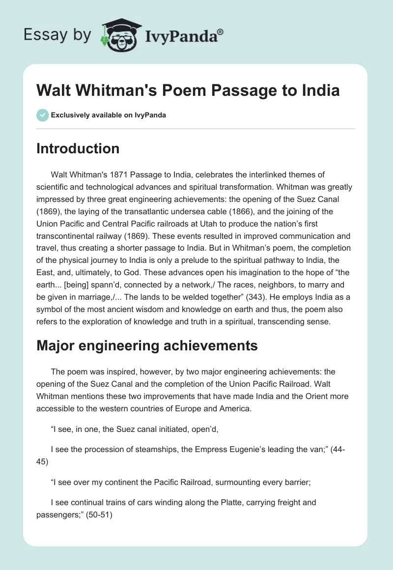 Walt Whitman's Poem "Passage to India". Page 1