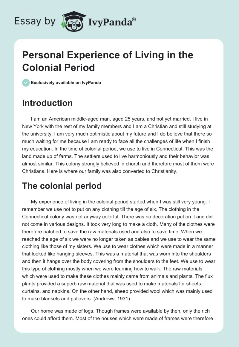 Personal Experience of Living in the Colonial Period. Page 1