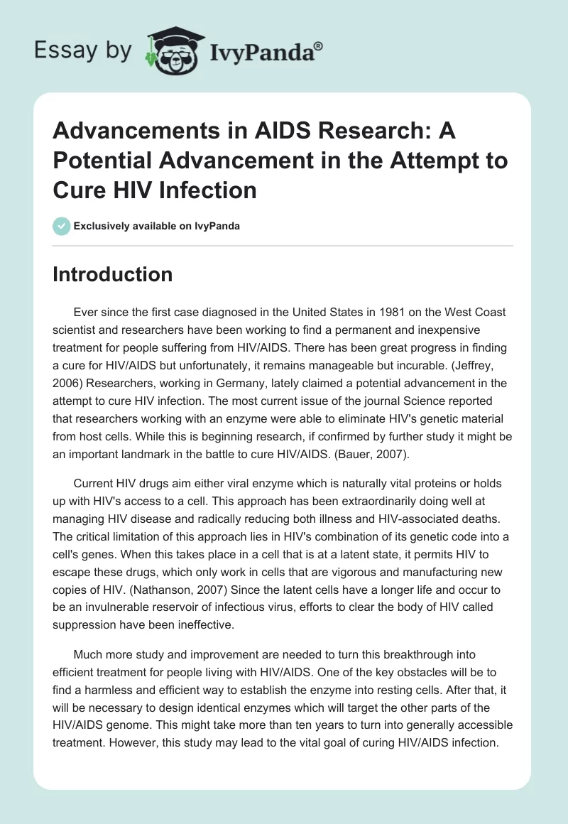 Advancements in AIDS Research: A Potential Advancement in the Attempt to Cure HIV Infection. Page 1