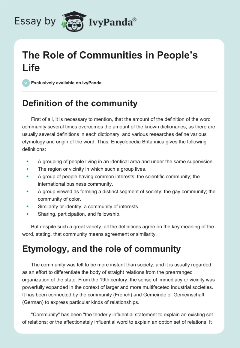 The Role of Communities in People’s Life. Page 1