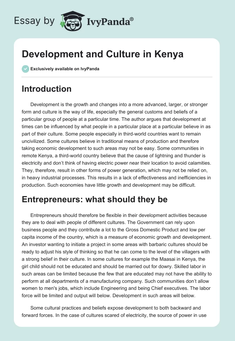 Development and Culture in Kenya. Page 1