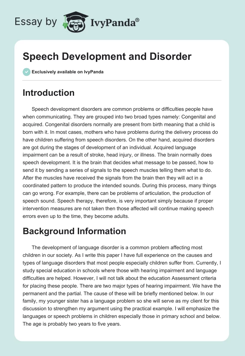 Speech Development and Disorder. Page 1