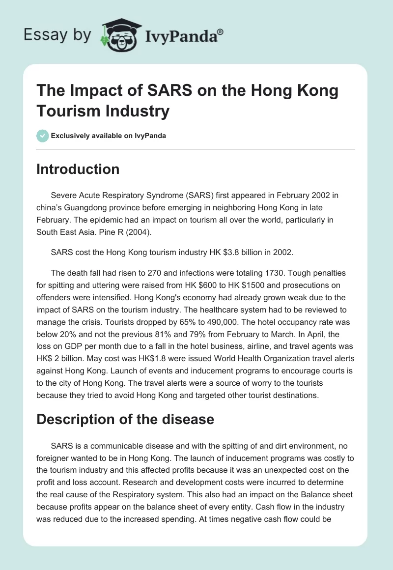 The Impact of SARS on the Hong Kong Tourism Industry. Page 1
