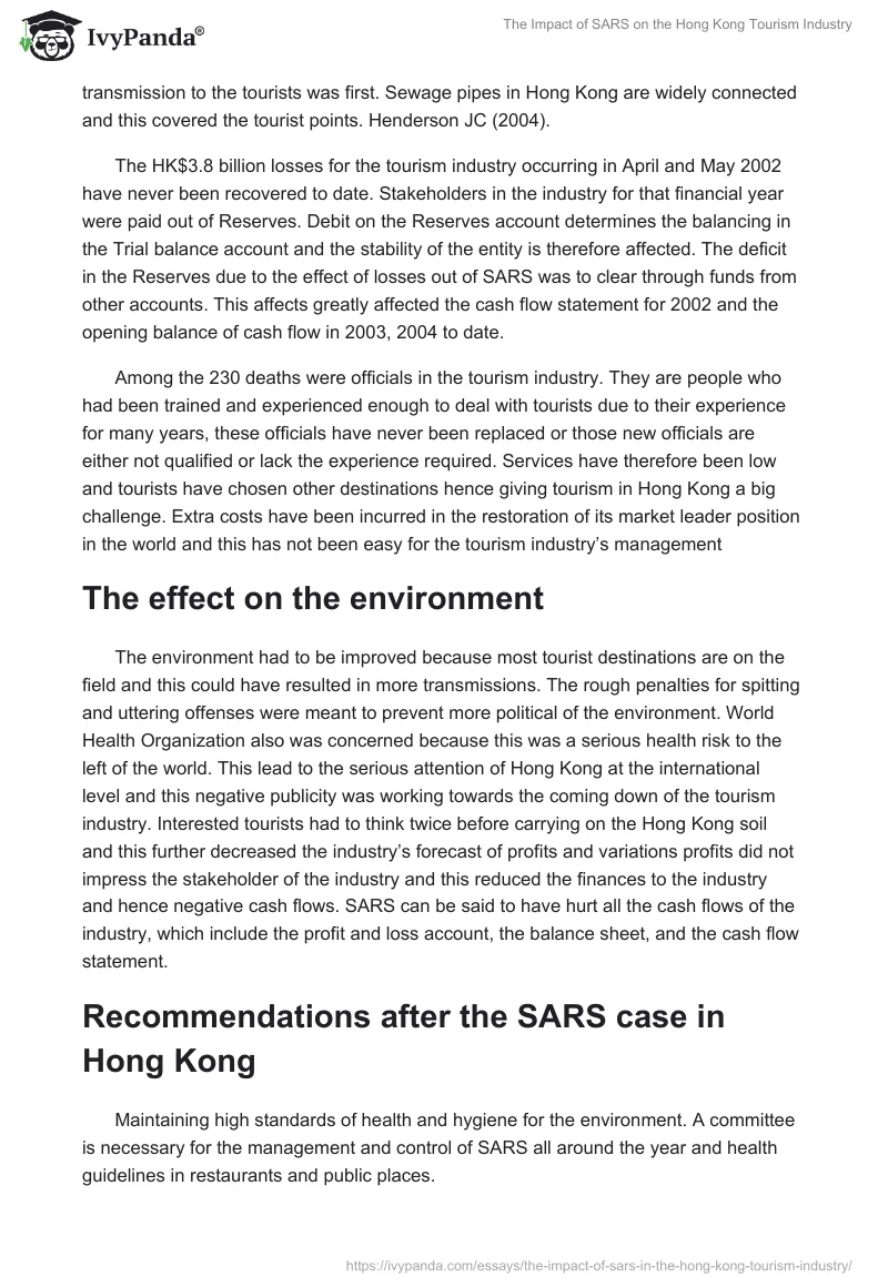 The Impact of SARS on the Hong Kong Tourism Industry. Page 4