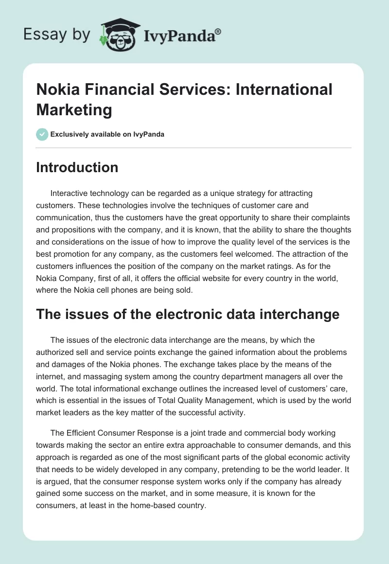 Nokia Financial Services: International Marketing. Page 1