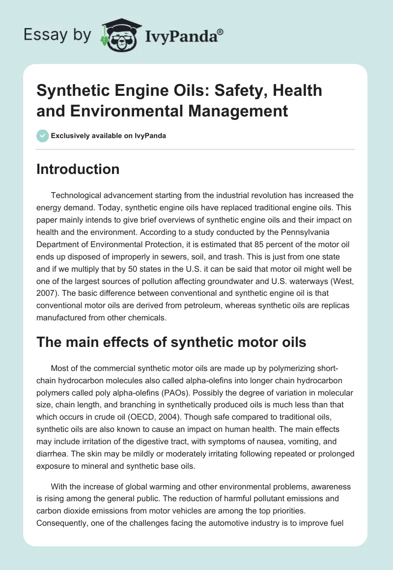 Synthetic Engine Oils: Safety, Health and Environmental Management. Page 1