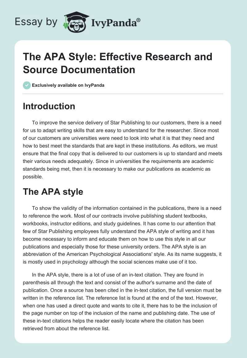 The APA Style: Effective Research and Source Documentation. Page 1