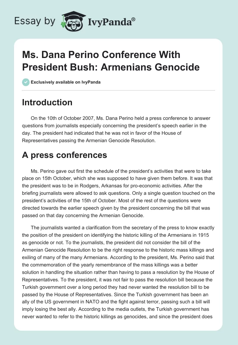 Ms. Dana Perino Conference With President Bush: Armenians Genocide. Page 1