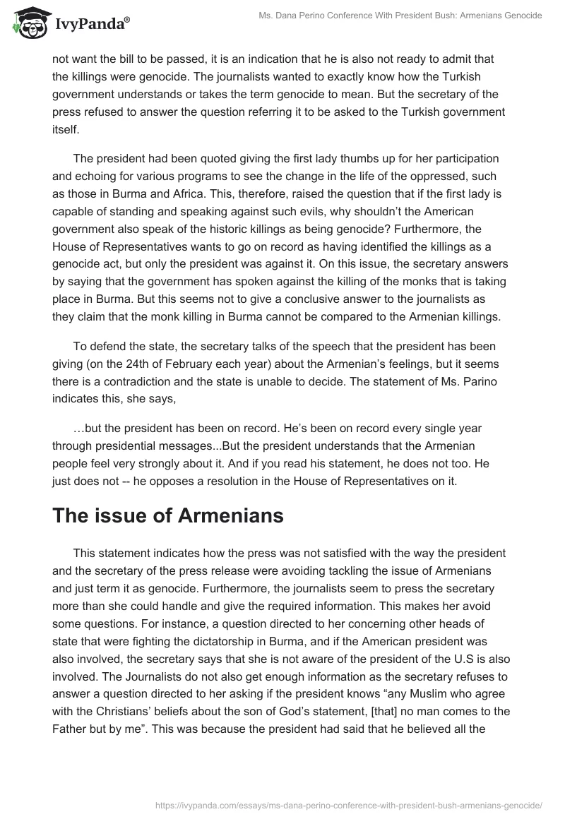 Ms. Dana Perino Conference With President Bush: Armenians Genocide. Page 2