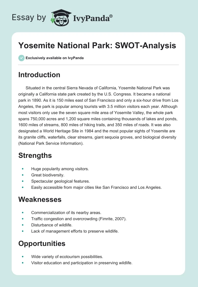 Yosemite National Park: SWOT-Analysis. Page 1