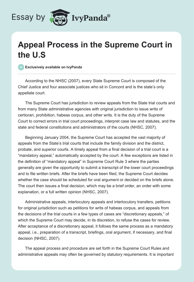 Appeal Process in the Supreme Court in the U S 1971 Words Essay
