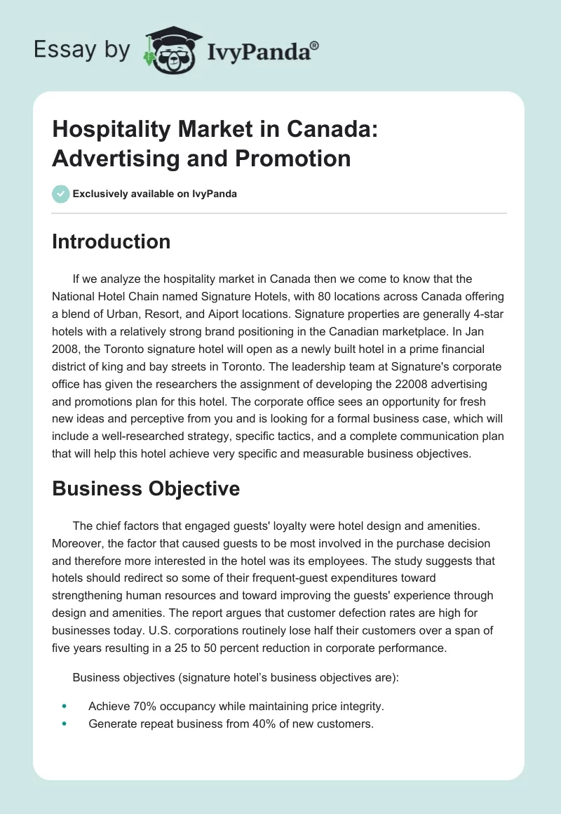 Hospitality Market in Canada: Advertising and Promotion. Page 1
